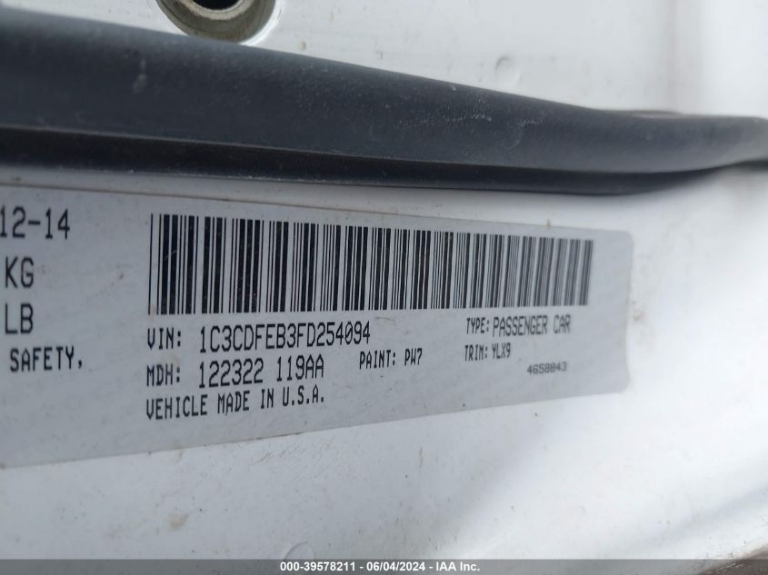 2015 Dodge Dart Gt VIN: 1C3CDFEB3FD254094 Lot: 39578211