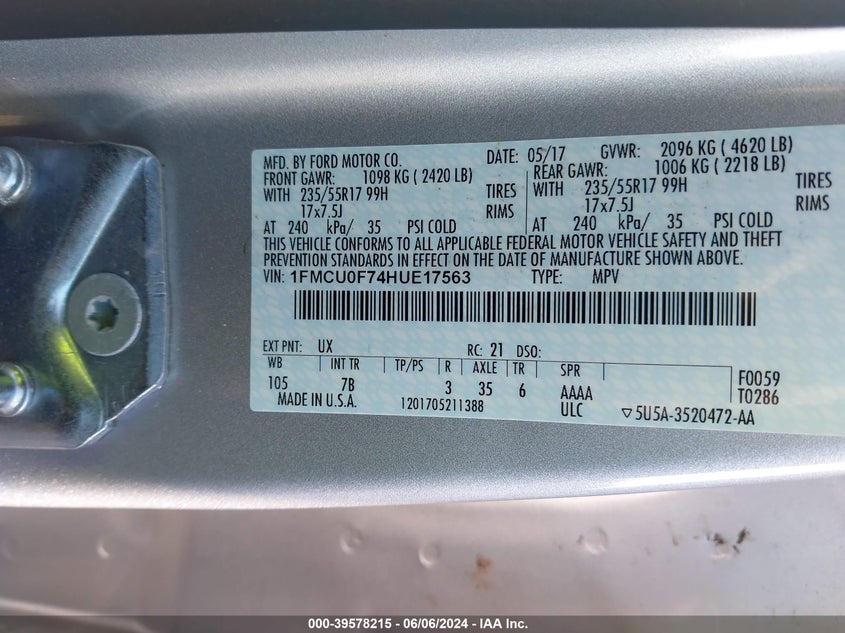 2017 Ford Escape S VIN: 1FMCU0F74HUE17563 Lot: 39578215