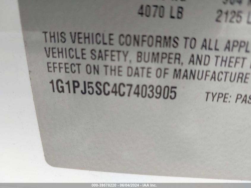 2012 Chevrolet Cruze Eco VIN: 1G1PJ5SC4C7403905 Lot: 39578220