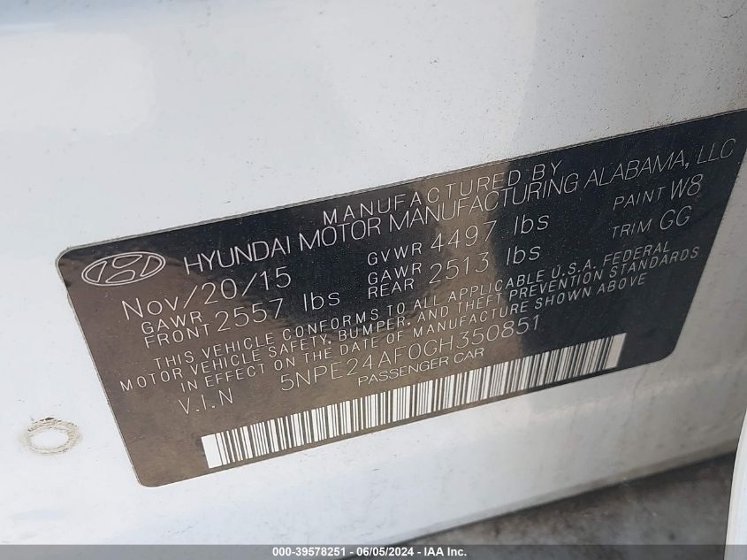 2016 Hyundai Sonata Se VIN: 5NPE24AF0GH350851 Lot: 39578251