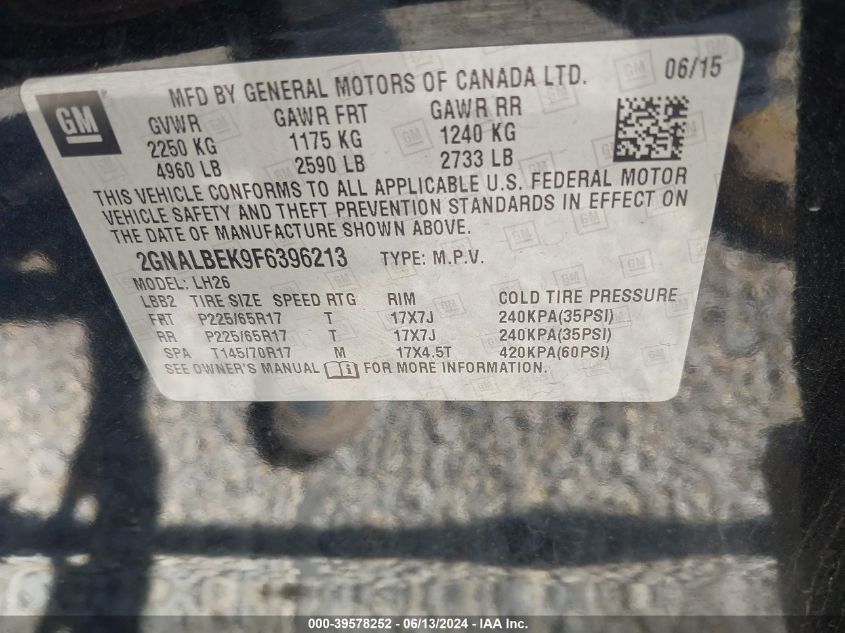 2015 Chevrolet Equinox Lt VIN: 2GNALBEK9F6396213 Lot: 39578252