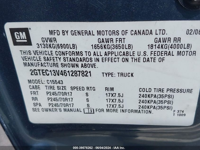2006 GMC Sierra 1500 Sl VIN: 2GTEC13V461287821 Lot: 39578262