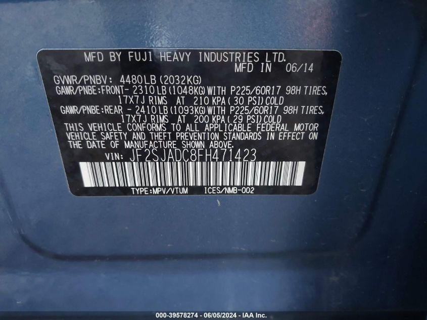 2015 Subaru Forester 2.5I Premium VIN: JF2SJADC8FH471423 Lot: 39578274