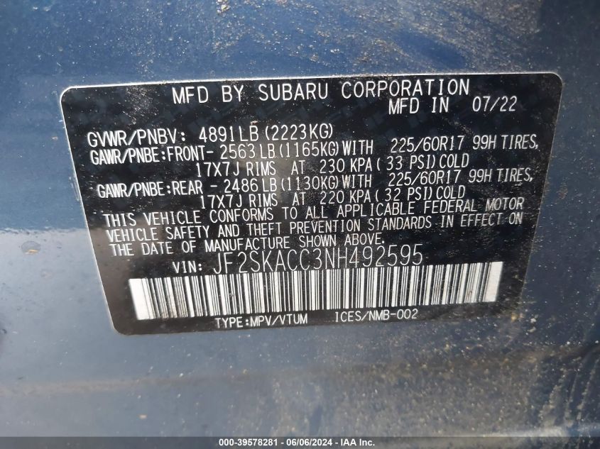 2022 Subaru Forester VIN: JF2SKACC3NH492595 Lot: 39578281