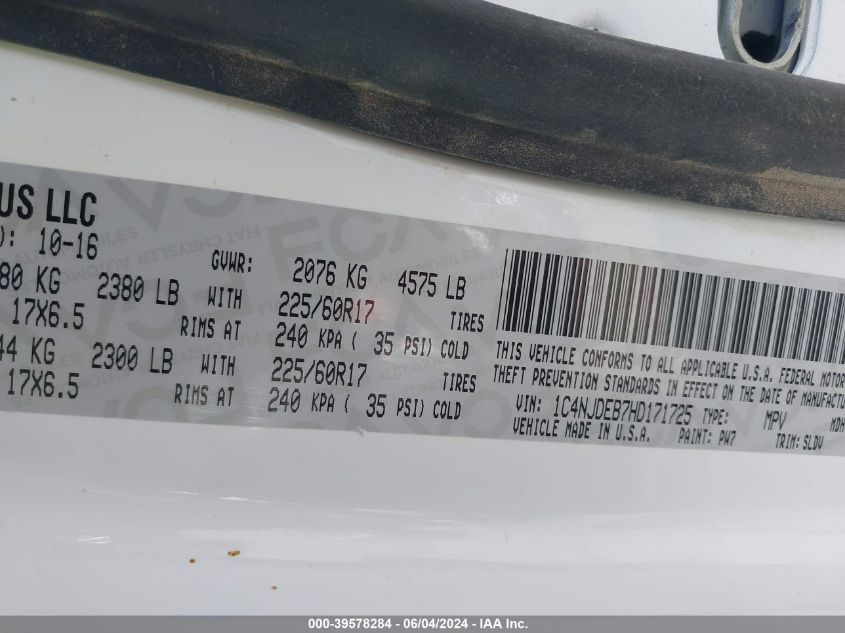 2017 Jeep Compass High Altitude 4X4 VIN: 1C4NJDEB7HD171725 Lot: 39578284