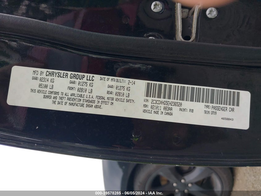 2014 Dodge Charger Sxt VIN: 2C3CDXHG5EH236520 Lot: 39578285