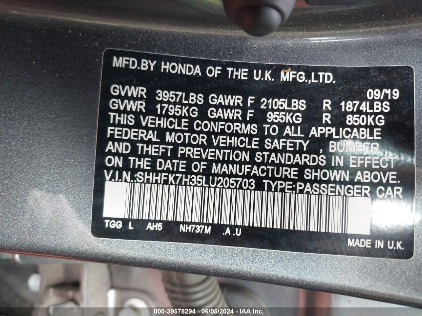 2020 Honda Civic Lx VIN: SHHFK7H35LU205703 Lot: 39578294