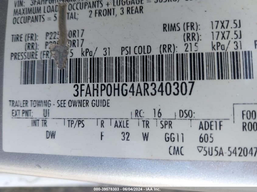 2010 Ford Fusion Se VIN: 3FAHP0HG4AR340307 Lot: 39578303