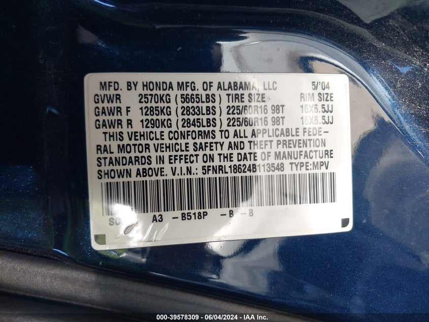 2004 Honda Odyssey Ex VIN: 5FNRL18624B113548 Lot: 39578309