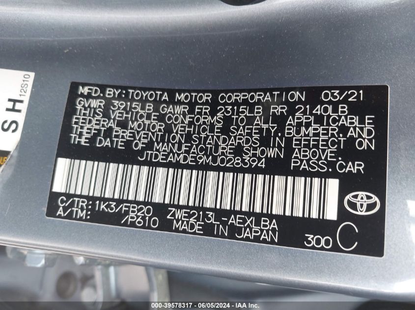 2021 Toyota Corolla Hybrid Le VIN: JTDEAMDE9MJ028394 Lot: 39578317