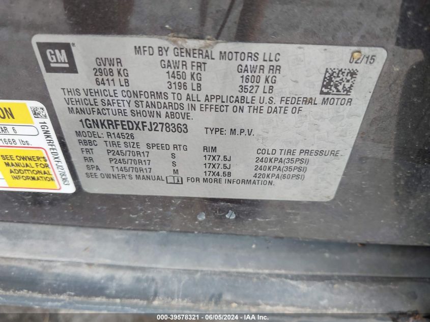 2015 Chevrolet Traverse Ls VIN: 1GNKRFEDXFJ278363 Lot: 39578321