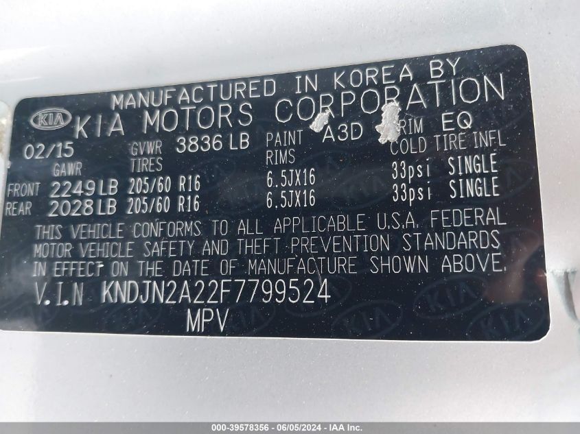 2015 Kia Soul VIN: KNDJN2A22F7799524 Lot: 39578356