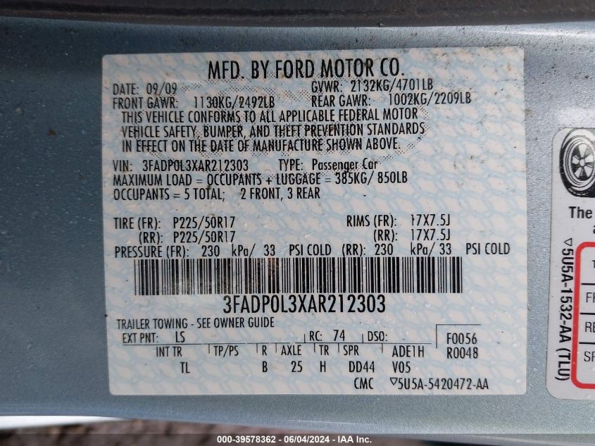 2010 Ford Fusion Hybrid VIN: 3FADP0L3XAR212303 Lot: 39578362