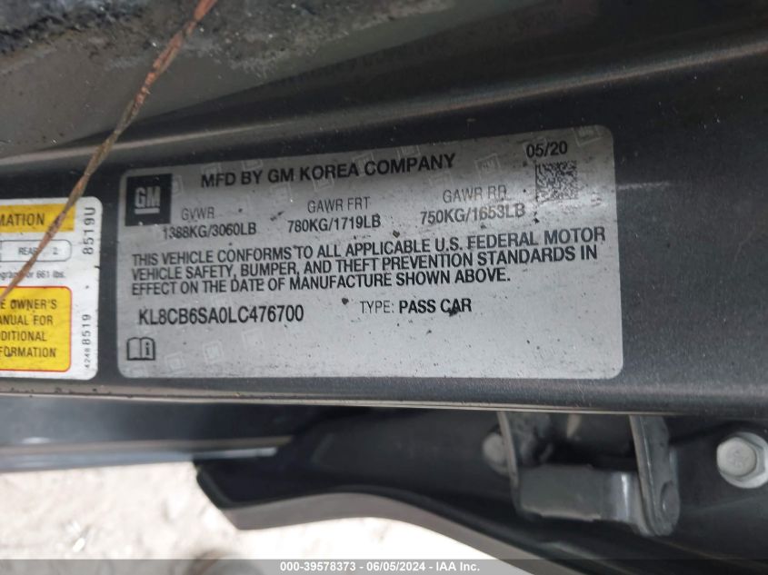 2020 CHEVROLET SPARK LS - KL8CB6SA0LC476700