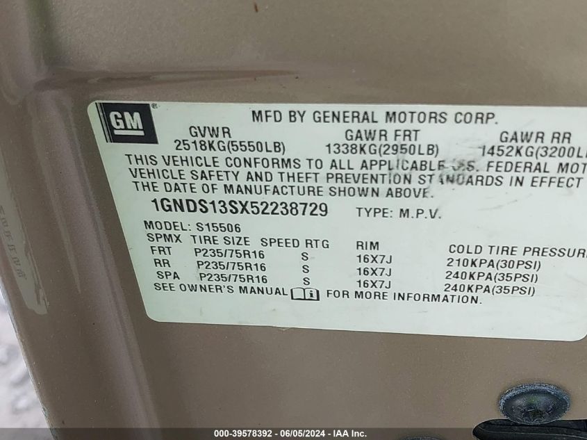 2005 Chevrolet Trailblazer Ls VIN: 1GNDS13SX52238729 Lot: 39578392