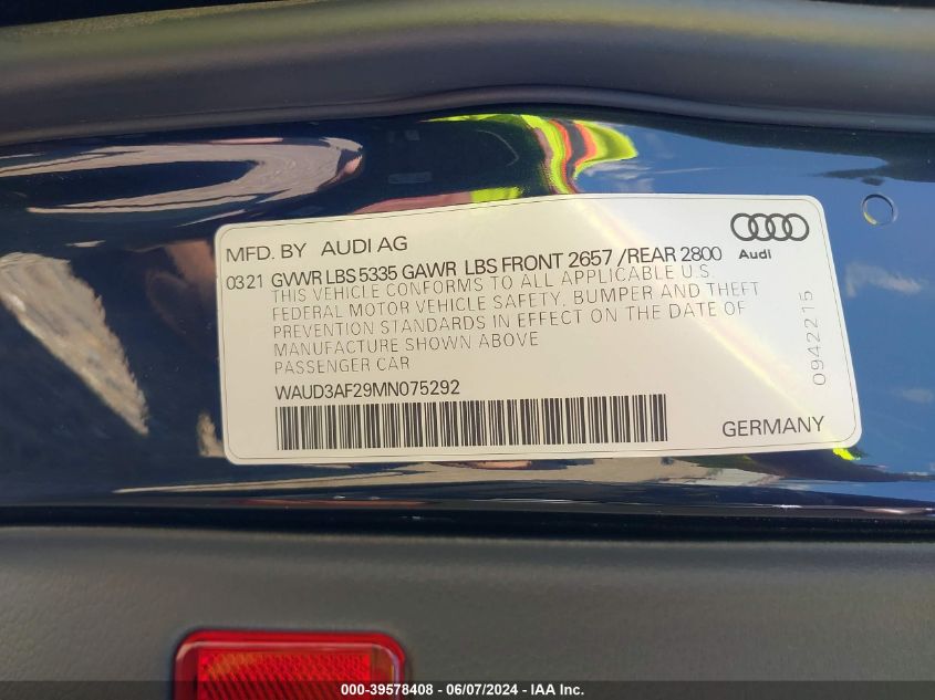 2021 Audi A6 Sport Premium 45 Tfsi Quattro S Tronic VIN: WAUD3AF29MN075292 Lot: 39578408