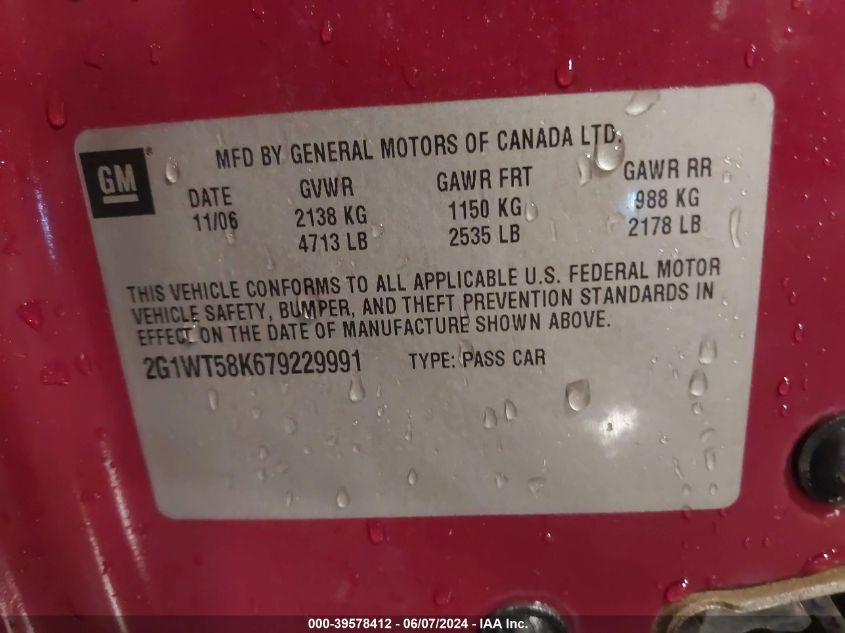 2007 Chevrolet Impala Lt VIN: 2G1WT58K679229991 Lot: 39578412