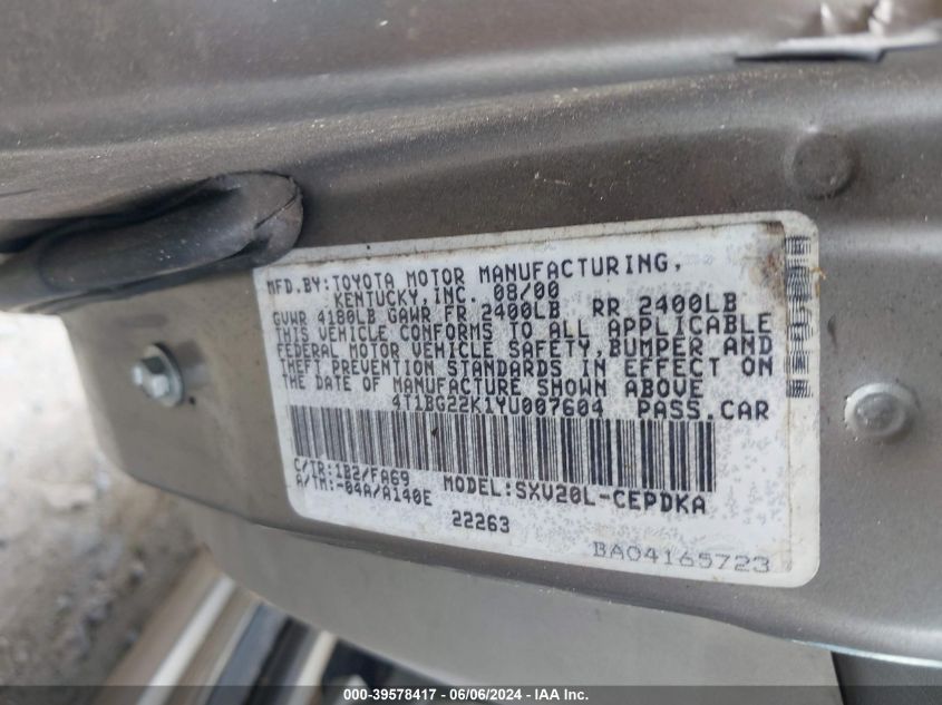 2000 Toyota Camry Ce VIN: 4T1BG22K1YU007604 Lot: 39578417