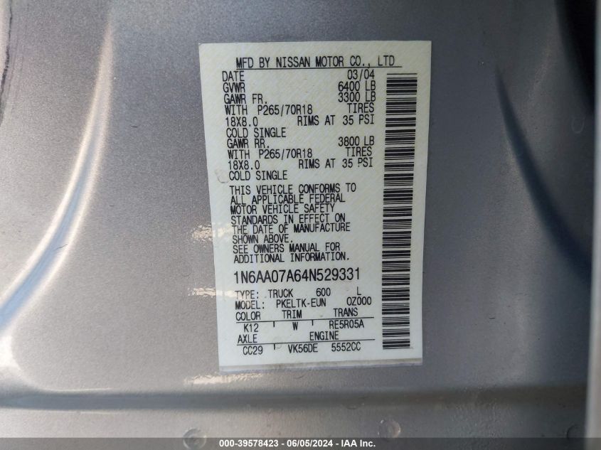2004 Nissan Titan Se VIN: 1N6AA07A64N529331 Lot: 39578423
