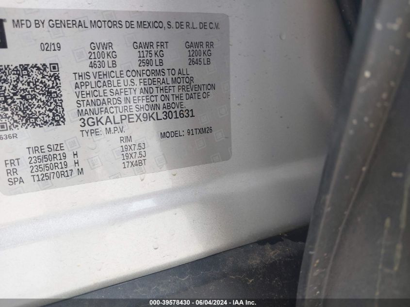 2019 GMC Terrain Slt VIN: 3GKALPEX9KL301631 Lot: 39578430