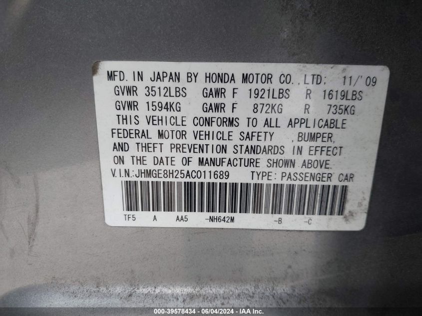 2010 Honda Fit VIN: JHMGE8H25AC011689 Lot: 39578434