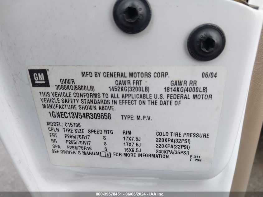 2004 Chevrolet Tahoe Ls VIN: 1GNEC13V54R309658 Lot: 39578451