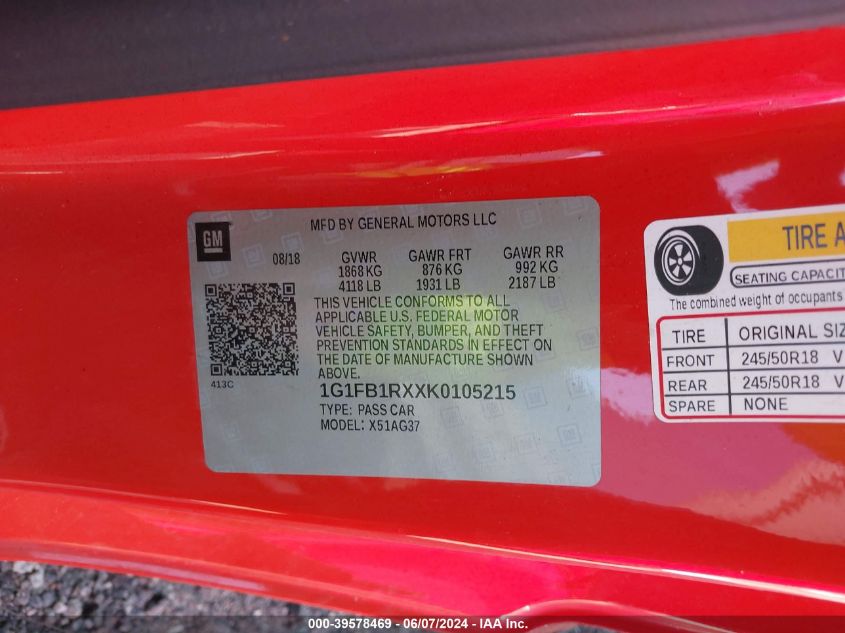 2019 Chevrolet Camaro 1Lt VIN: 1G1FB1RXXK0105215 Lot: 39578469