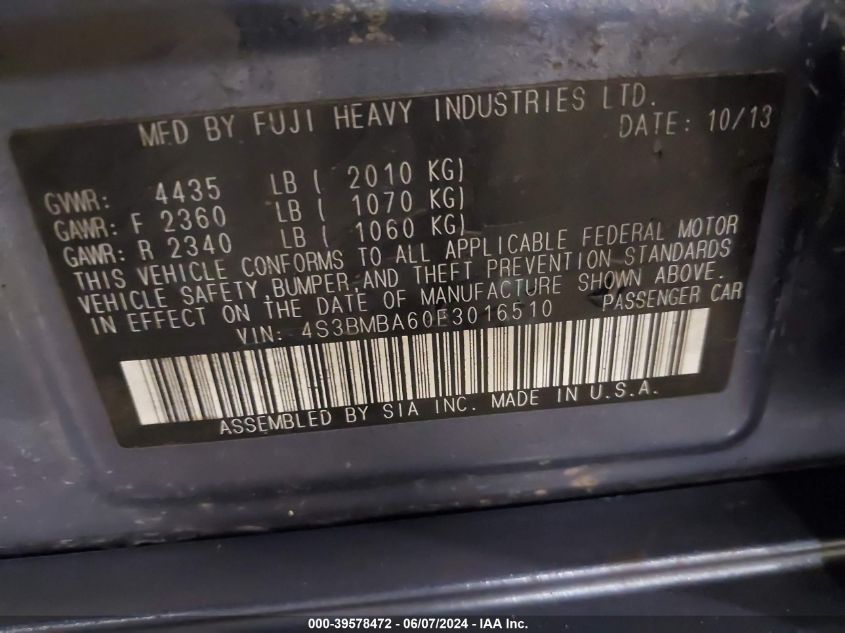 2014 Subaru Legacy 2.5I VIN: 4S3BMBA60E3016510 Lot: 39578472