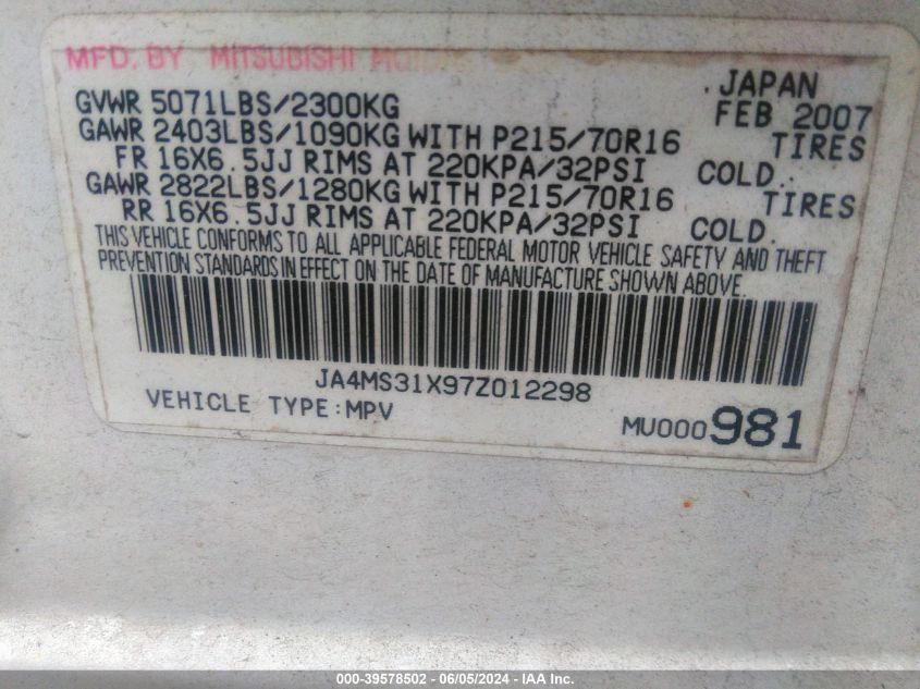 2007 Mitsubishi Outlander Es/Ls VIN: JA4MS31X97Z012298 Lot: 39578502