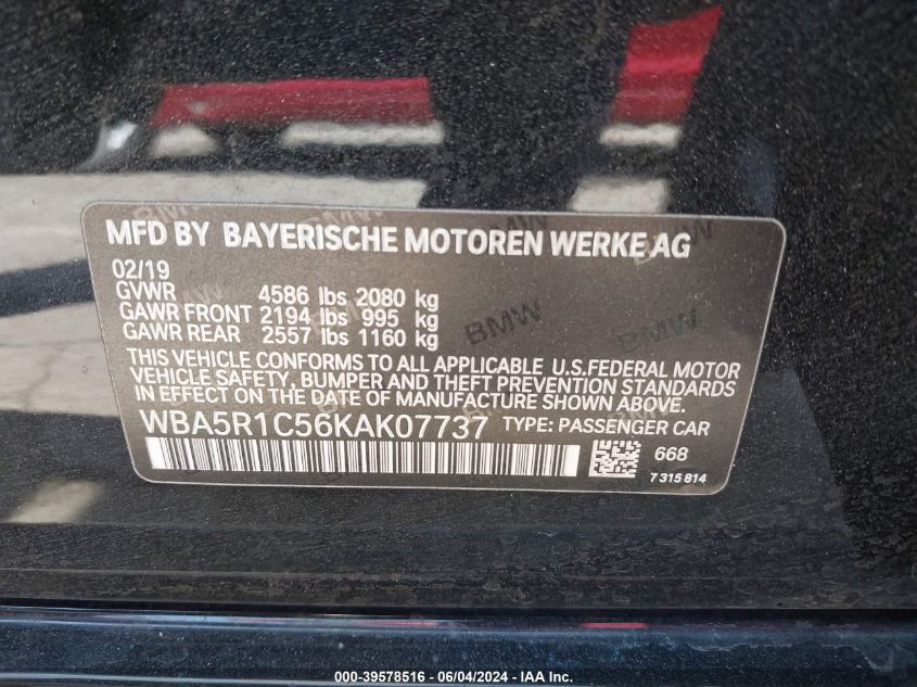 2019 BMW 330I VIN: WBA5R1C56KAK07737 Lot: 39578516
