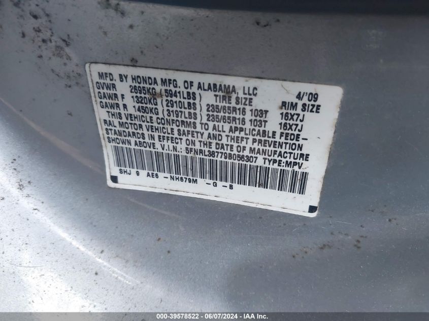 2009 Honda Odyssey Ex-L VIN: 5FNRL38779B056307 Lot: 39578522