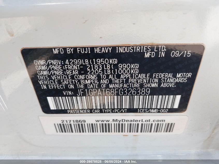 2015 Subaru Impreza 2.0I Sport Premium VIN: JF1GPAT68FG326389 Lot: 39578525
