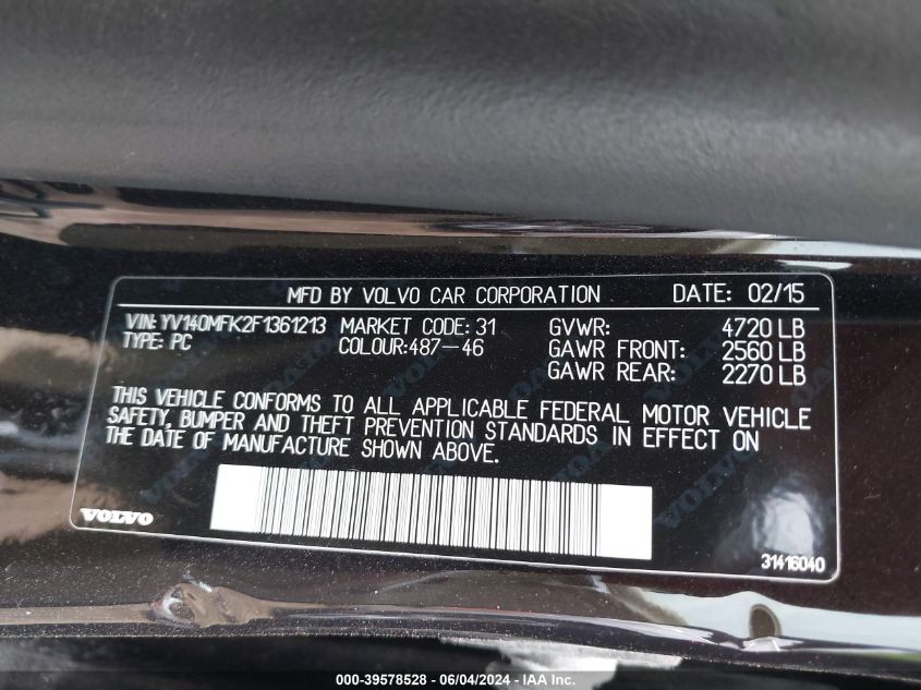 2015 Volvo S60 T5 Premier VIN: YV140MFK2F1361213 Lot: 39578528