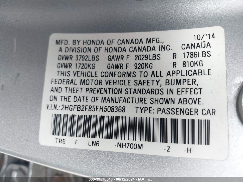 2015 HONDA CIVIC EX - 2HGFB2F85FH508368