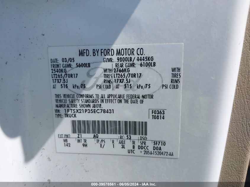 2005 Ford F250 Super Duty VIN: 1FTSX21P35EC78431 Lot: 39578561