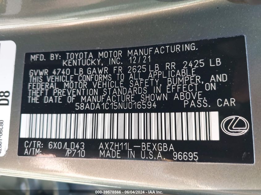 2022 Lexus Es 300H VIN: 58ADA1C15NU016594 Lot: 39578566