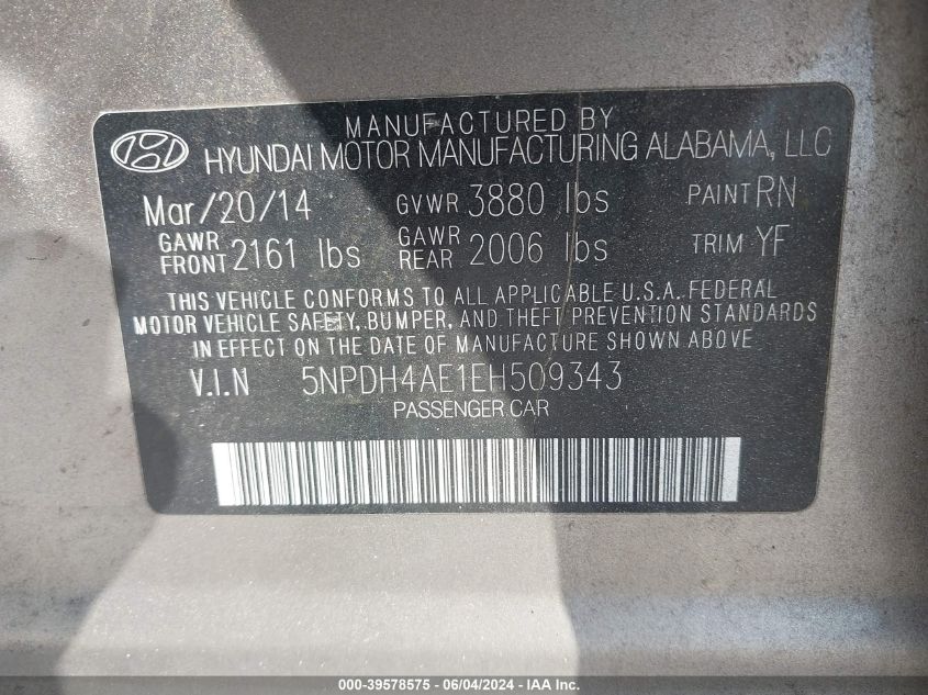 5NPDH4AE1EH509343 | 2014 HYUNDAI ELANTRA