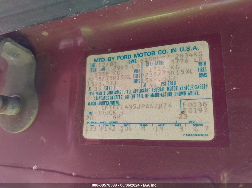 1988 Ford F150 VIN: 1FTEF14N5JPA62874 Lot: 39578599