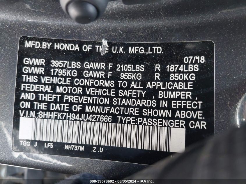 2018 Honda Civic Sport Touring VIN: SHHFK7H94JU427666 Lot: 39578602