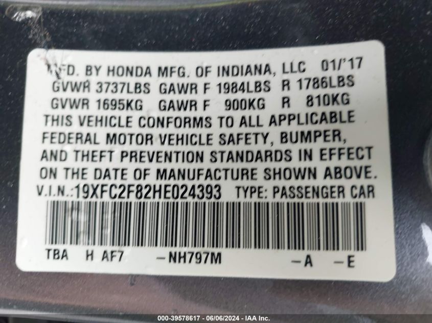 2017 Honda Civic Ex VIN: 19XFC2F82HE024393 Lot: 39578617