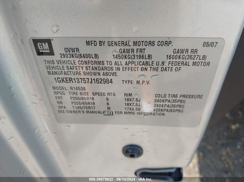 2007 GMC Acadia Sle-1 VIN: 1GKER13757J162984 Lot: 39578622