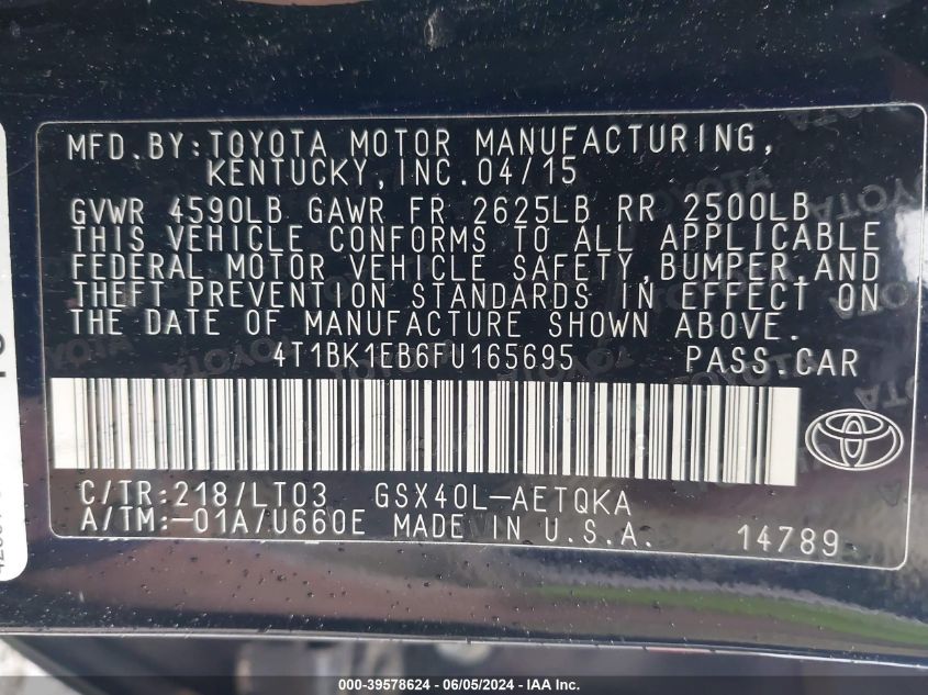 2015 TOYOTA AVALON XLE TOURING - 4T1BK1EB6FU165695