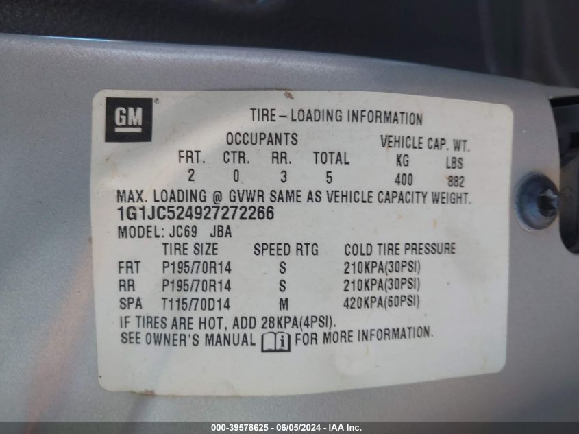 2002 Chevrolet Cavalier VIN: 1G1JC524927272266 Lot: 39578625