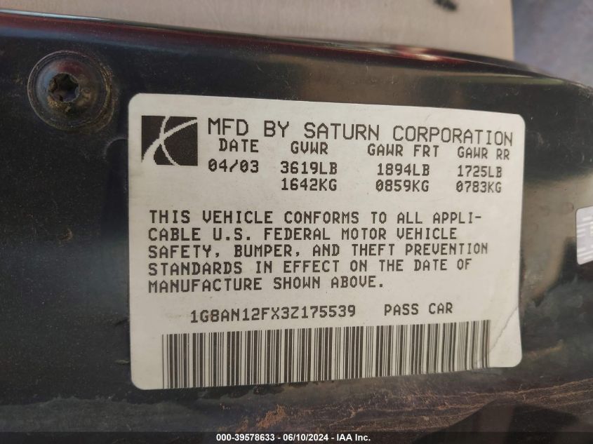 2003 Saturn Ion 2 VIN: 1G8AN12FX3Z175539 Lot: 39578633