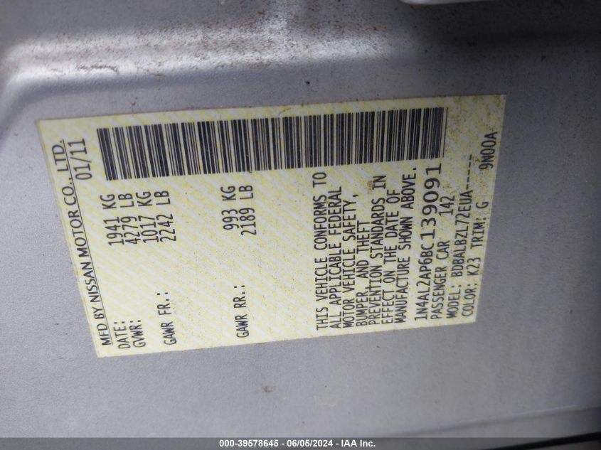 2011 Nissan Altima 2.5 S VIN: 1N4AL2AP6BC139091 Lot: 39578645