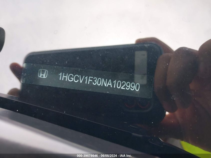 2022 Honda Accord Sport VIN: 1HGCV1F30NA102990 Lot: 39578646