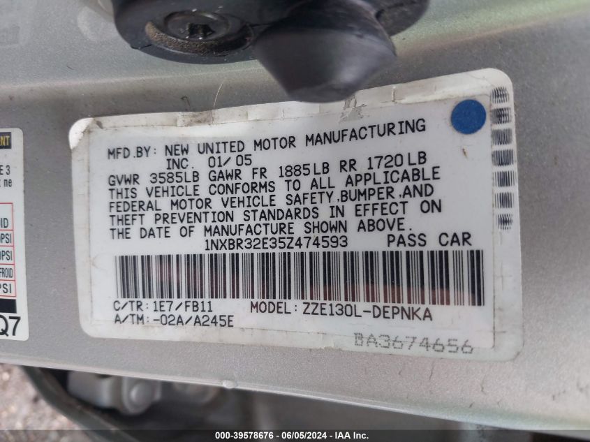 2005 Toyota Corolla Le VIN: 1NXBR32E35Z474593 Lot: 39578676