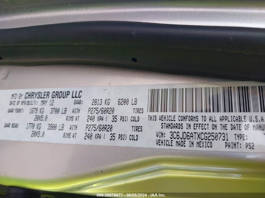 2012 Ram 1500 St VIN: 3C6JD6ATXCG250731 Lot: 39578677