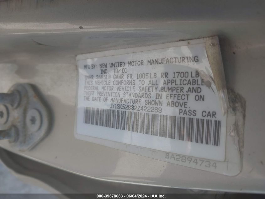 2002 Chevrolet Prizm VIN: 1Y1SK52832Z422289 Lot: 39578683