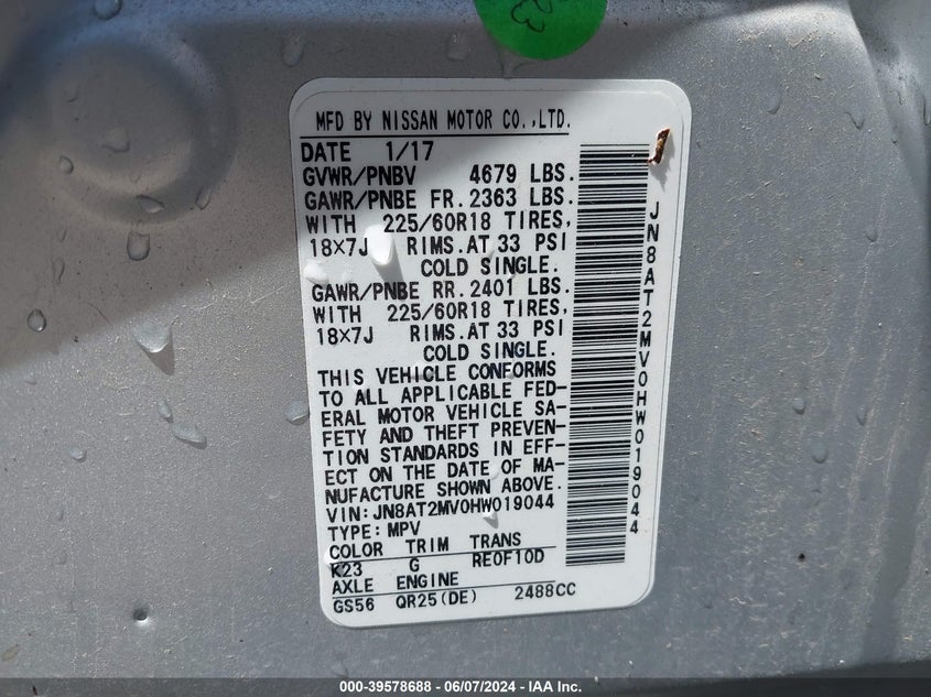 2017 Nissan Rogue Sl VIN: JN8AT2MV0HW019044 Lot: 39578688